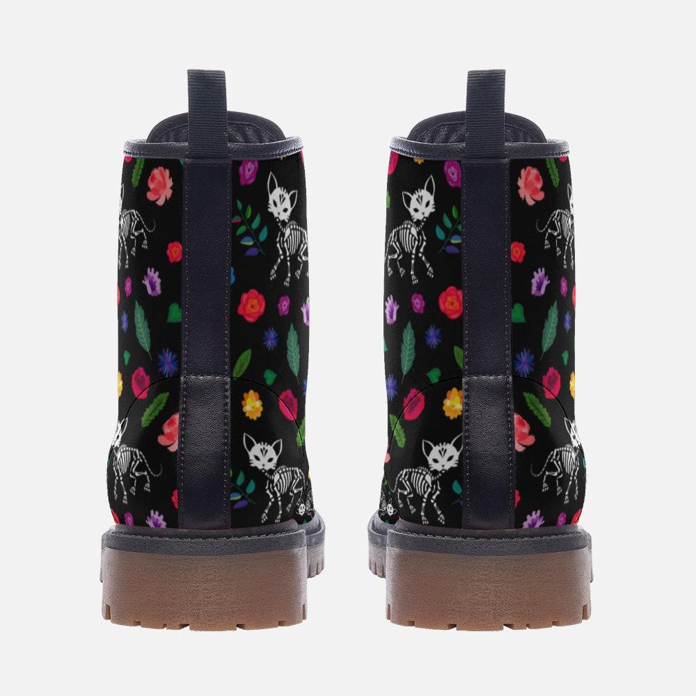 Spooky Cat Combat Boots, Floral Goth Lace Up Shoes, Halloween Alt Footwear