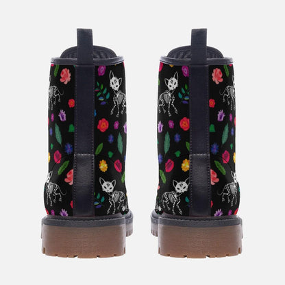 Spooky Cat Combat Boots, Floral Goth Lace Up Shoes, Halloween Alt Footwear