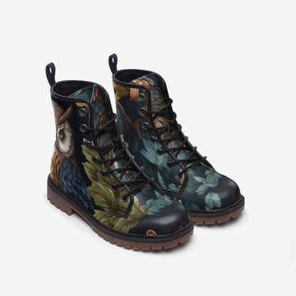 Enchanted owl combat boots, woodland night lace up shoes, mystical bird print footwear