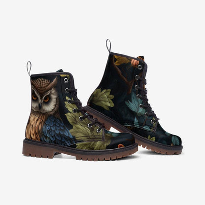 Enchanted owl combat boots, woodland night lace up shoes, mystical bird print footwear