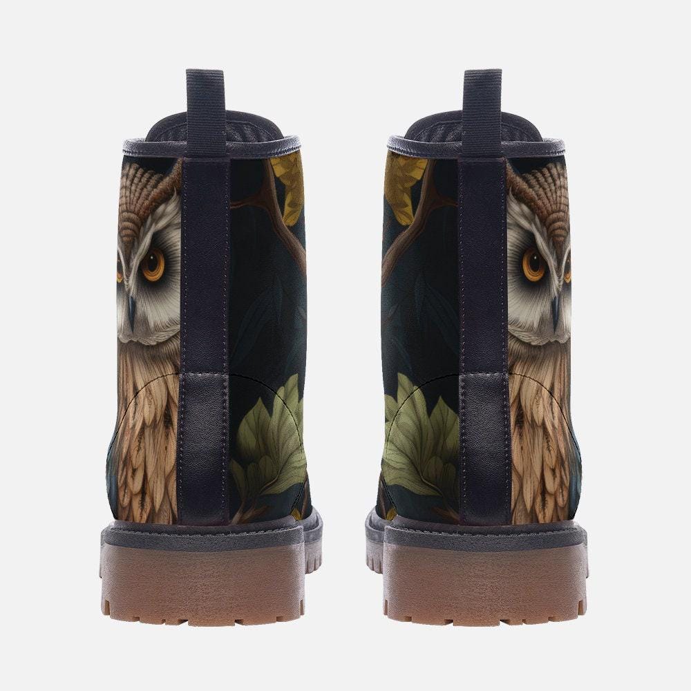 Enchanted owl combat boots, woodland night lace up shoes, mystical bird print footwear, dark forest ankle boots, cottagecore festival shoes