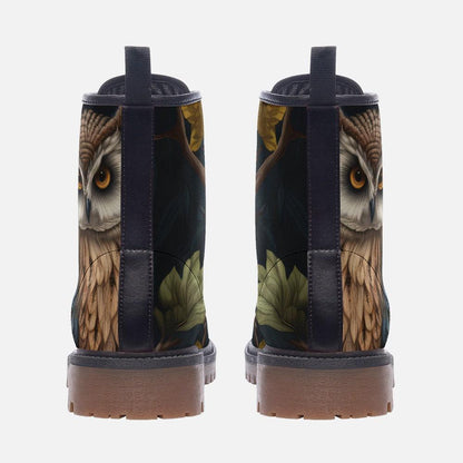 Enchanted owl combat boots, woodland night lace up shoes, mystical bird print footwear