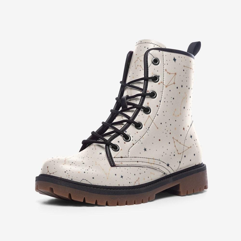 Celestial Combat Boots White Constellation Lace Up Astrology Grunge Footwear