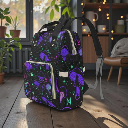 Mushroom Print Diaper Bag Backpack, Spooky Pink Skull Baby Organizer, Edgy Travel Bag for Moms