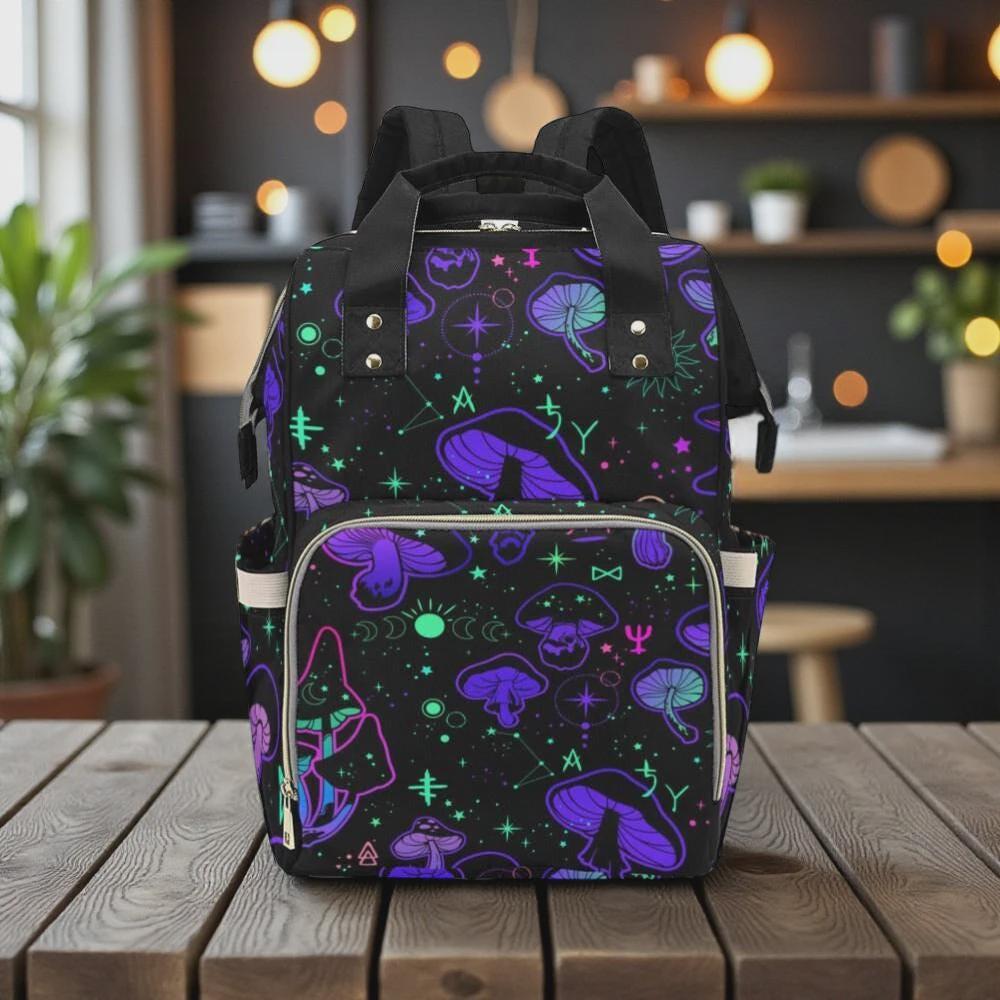 Mushroom Print Diaper Bag Backpack, Spooky Pink Skull Baby Organizer, Edgy Travel Bag for Moms
