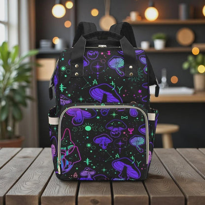 Mushroom Print Diaper Bag Backpack, Spooky Pink Skull Baby Organizer, Edgy Travel Bag for Moms