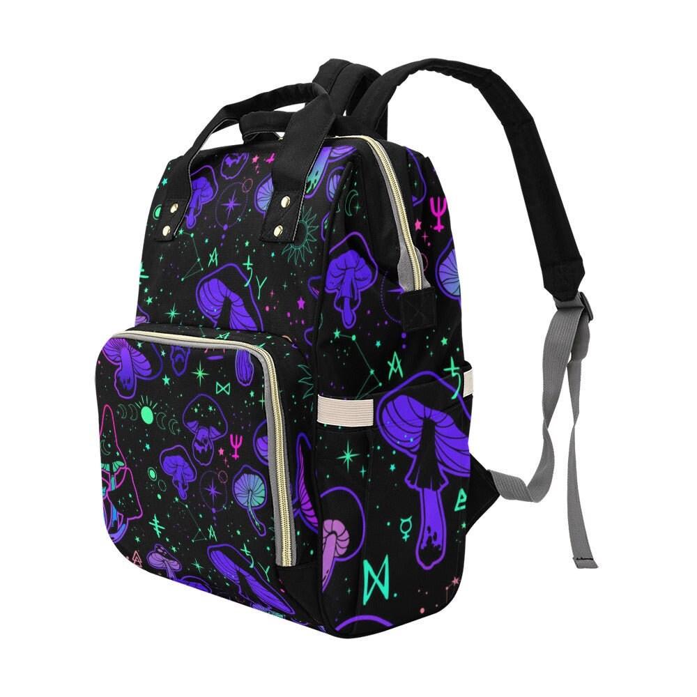 Mushroom Print Diaper Bag Backpack, Spooky Pink Skull Baby Organizer, Edgy Travel Bag for Moms