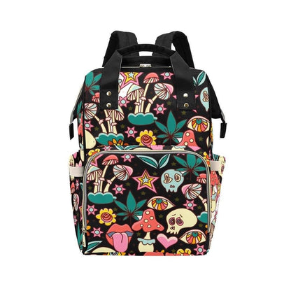 Colorful mushroom skull backpack, retro diaper bag, travel organizer, baby nursery backpack, statement print