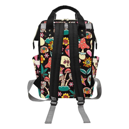 Colorful mushroom skull backpack, retro diaper bag, travel organizer, baby nursery backpack, statement print