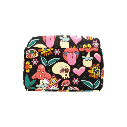 Colorful mushroom skull backpack, retro diaper bag, travel organizer, baby nursery backpack, statement print