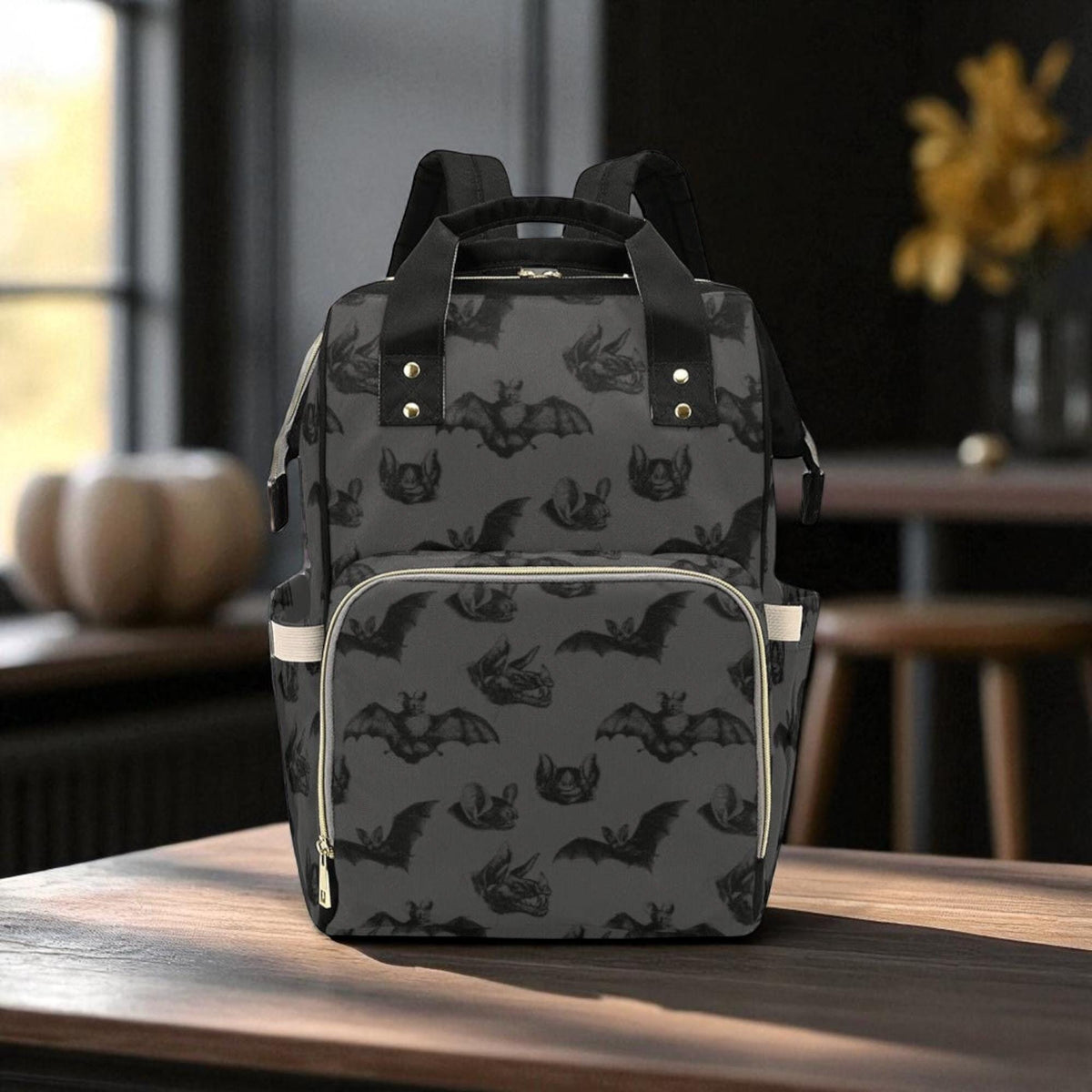 Spooky Bat Print Diaper Bag, Gothic Baby Backpack, Halloween Nappy Tote