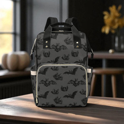 Spooky Bat Print Diaper Bag, Gothic Baby Backpack, Halloween Nappy Tote