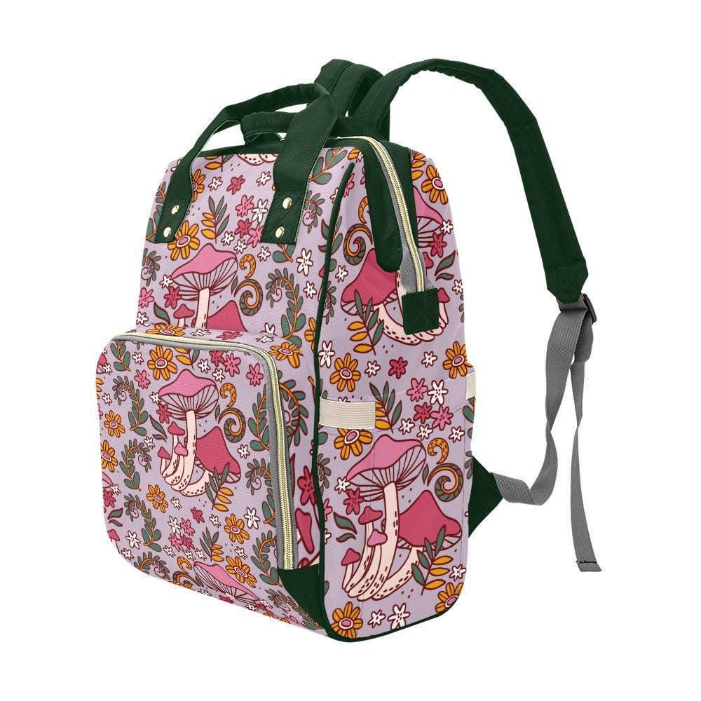Pink mushroom floral backpack, retro flower baby diaper bag, cute whimsical mom tote