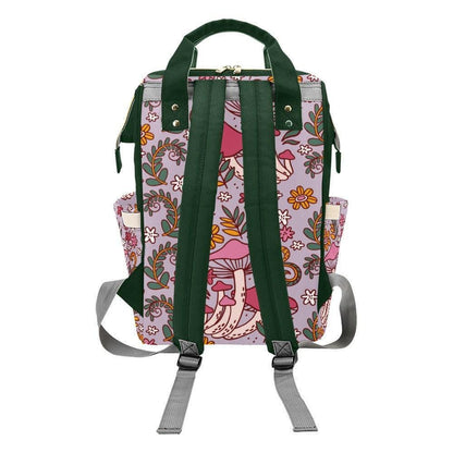Pink mushroom floral backpack, retro flower baby diaper bag, cute whimsical mom tote