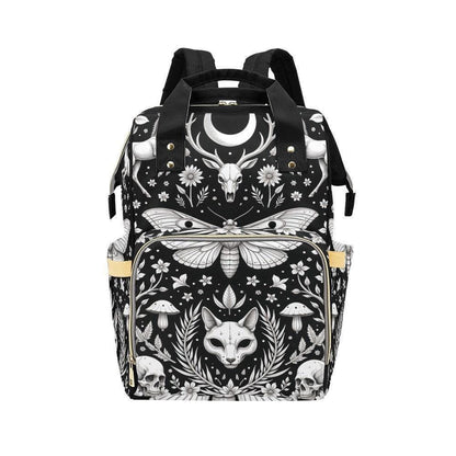 Celestial Diaper Bag Backpack, Monochrome Moth Nursery Organizer, Black Baby Travel Bag