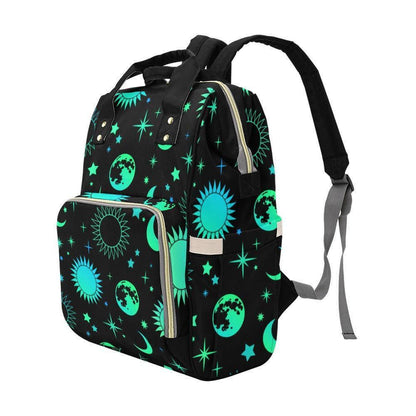 Celestial Diaper Backpack, Teal Moon Sun Star Mom Bag, Cosmic Nursery Organizer, Witchy Space Print Travel Bag