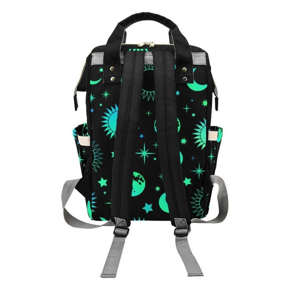 Celestial Diaper Backpack, Teal Moon Sun Star Mom Bag, Cosmic Nursery Organizer, Witchy Space Print Travel Bag