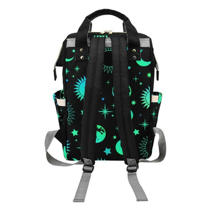Celestial Diaper Backpack, Teal Moon Sun Star Mom Bag, Cosmic Nursery Organizer, Witchy Space Print Travel Bag