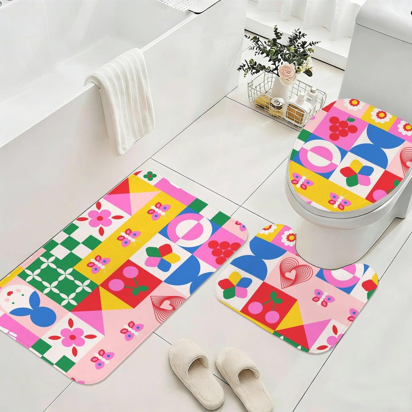 Retro Tile Shower Curtain, Colorful Mod Cherry Daisy Bath Decor