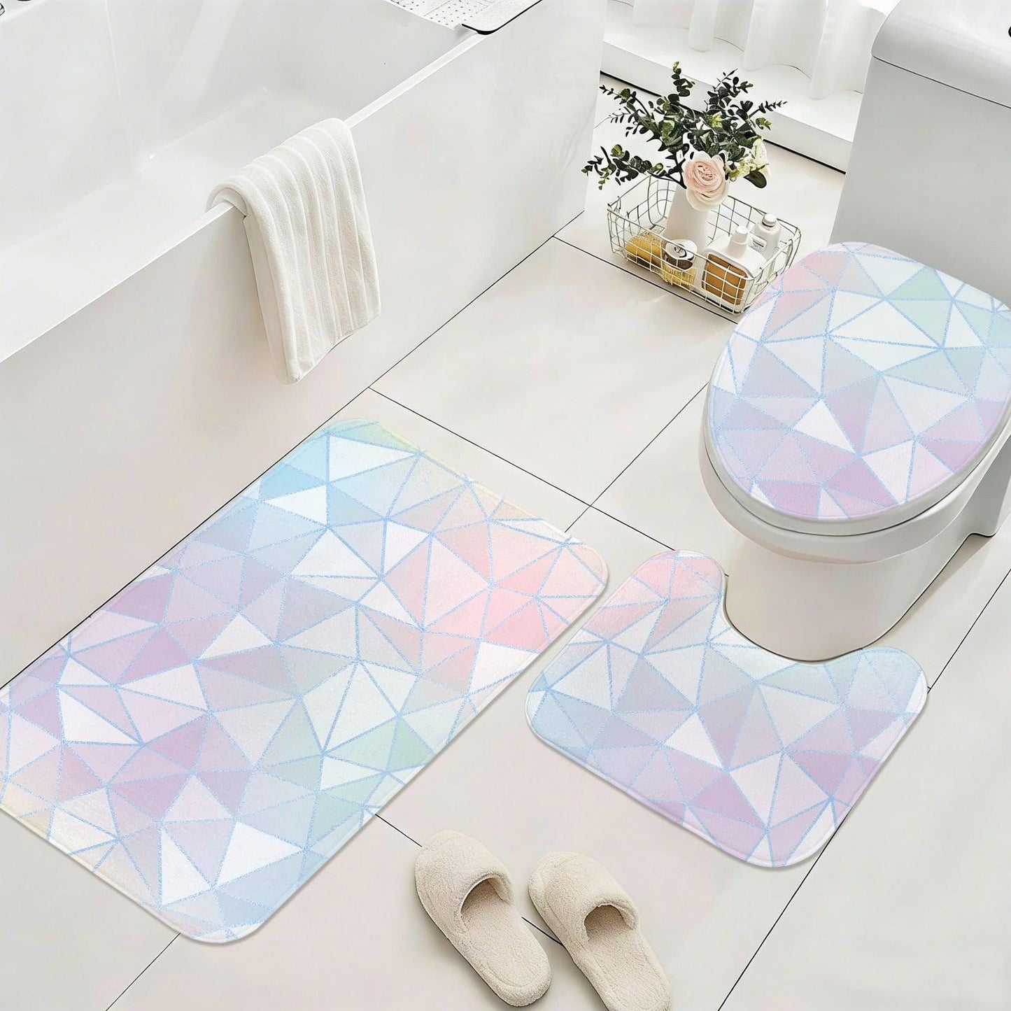 Pastel Geometric Shower Curtain, Abstract Triangle Bath Decor, Modern Blue Pink Bathroom Curtain