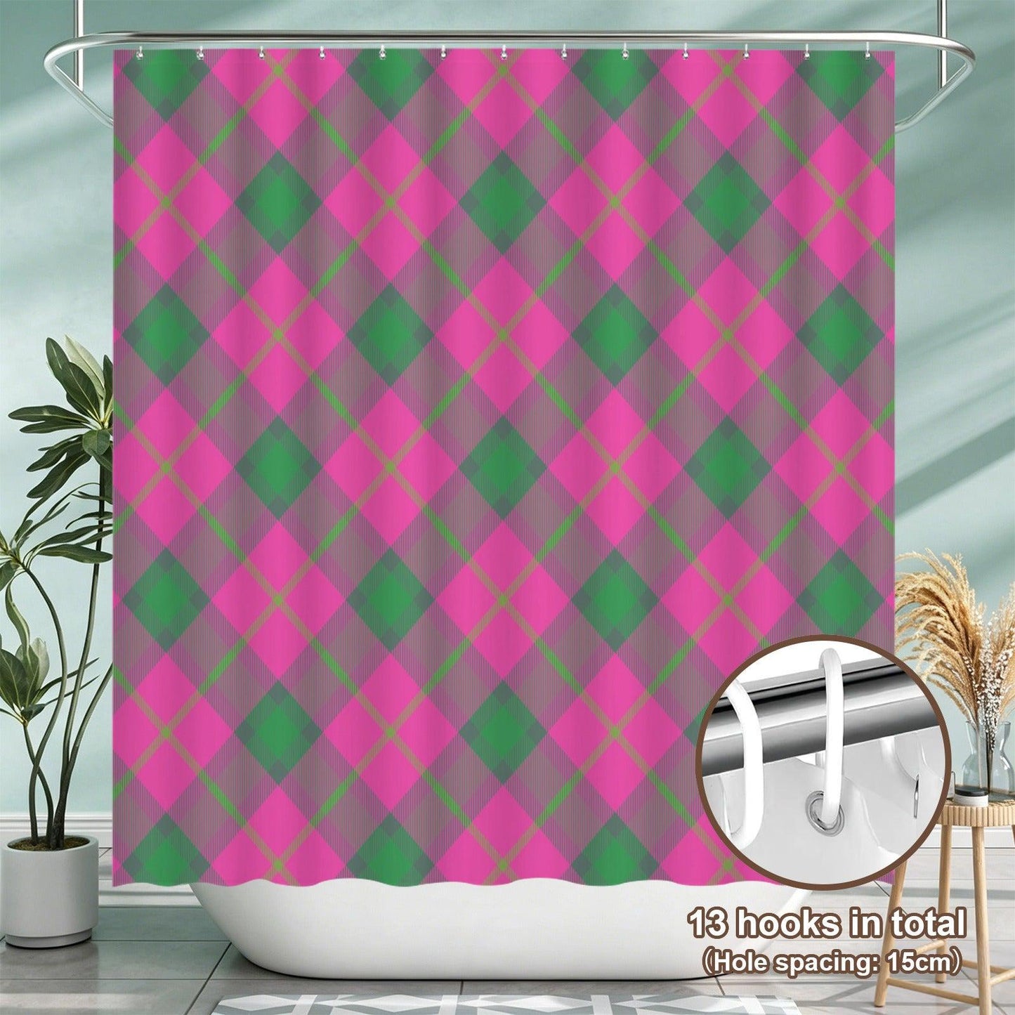 Pink Green Plaid Bath Mat Set, Argyle Bathroom Decor, Checkered Toilet Rug Trio