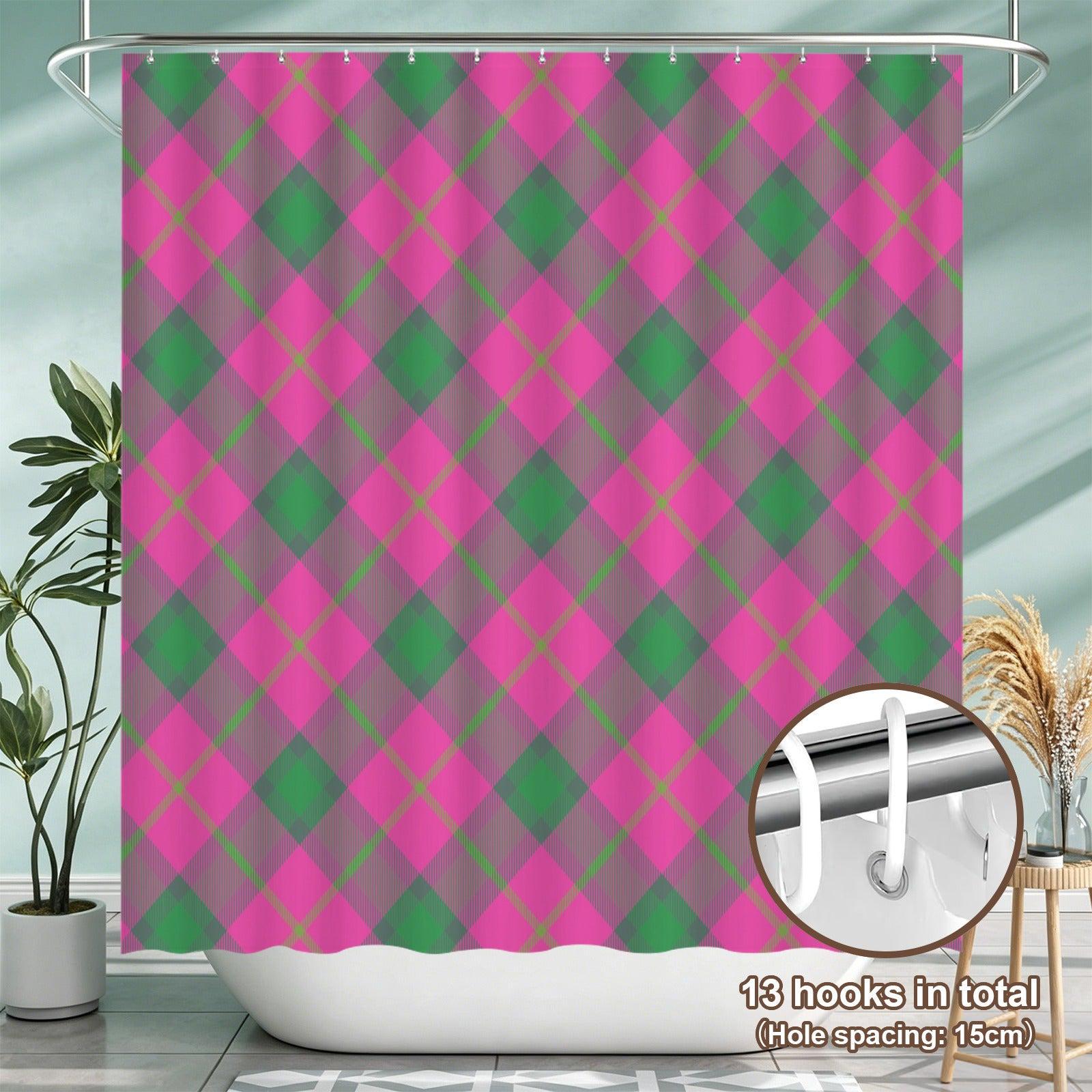Pink Green Plaid Bath Mat Set, Argyle Bathroom Decor, Checkered Toilet Rug Trio