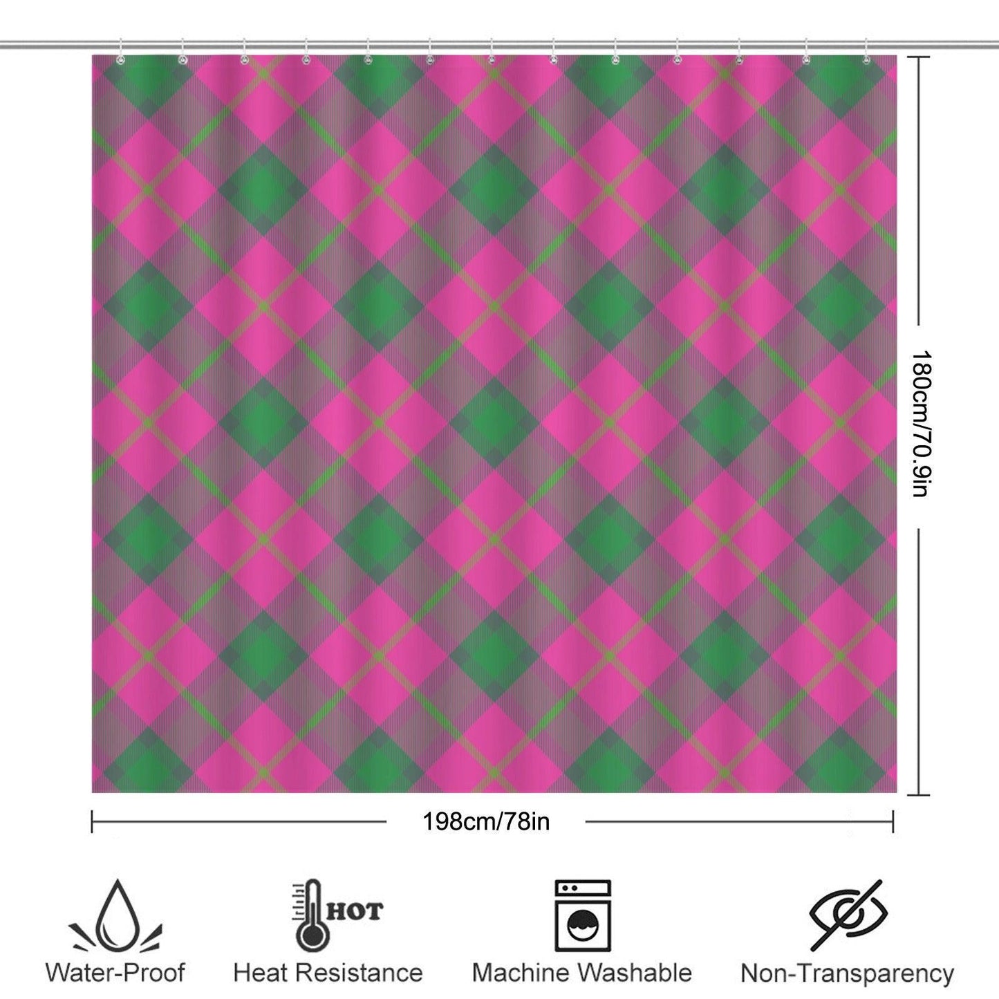Pink Green Plaid Bath Mat Set, Argyle Bathroom Decor, Checkered Toilet Rug Trio