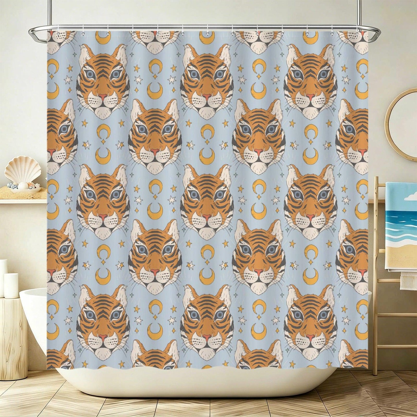 Boho Tiger Celestial Bath Rug Set, Moon Stars Bathroom Decor, Whimsical Tiger Mat