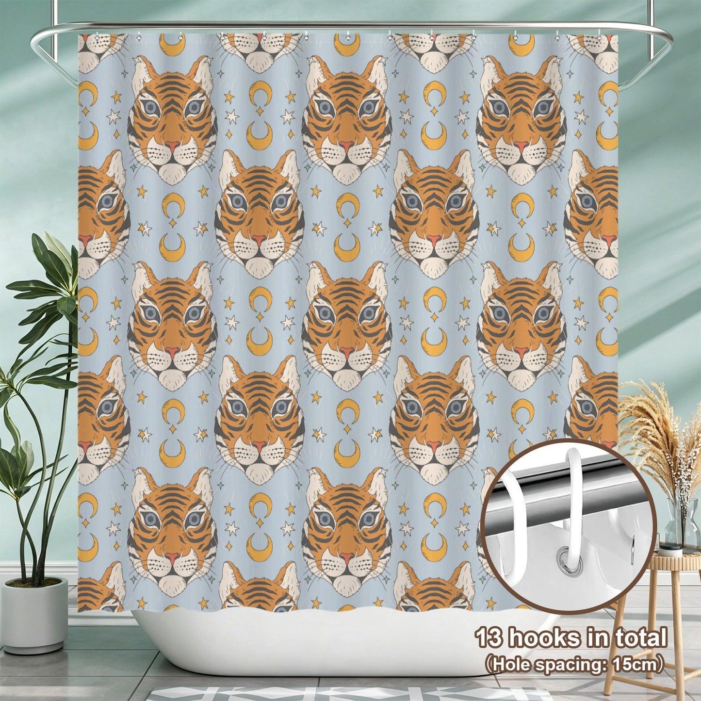 Boho Tiger Celestial Bath Rug Set, Moon Stars Bathroom Decor, Whimsical Tiger Mat