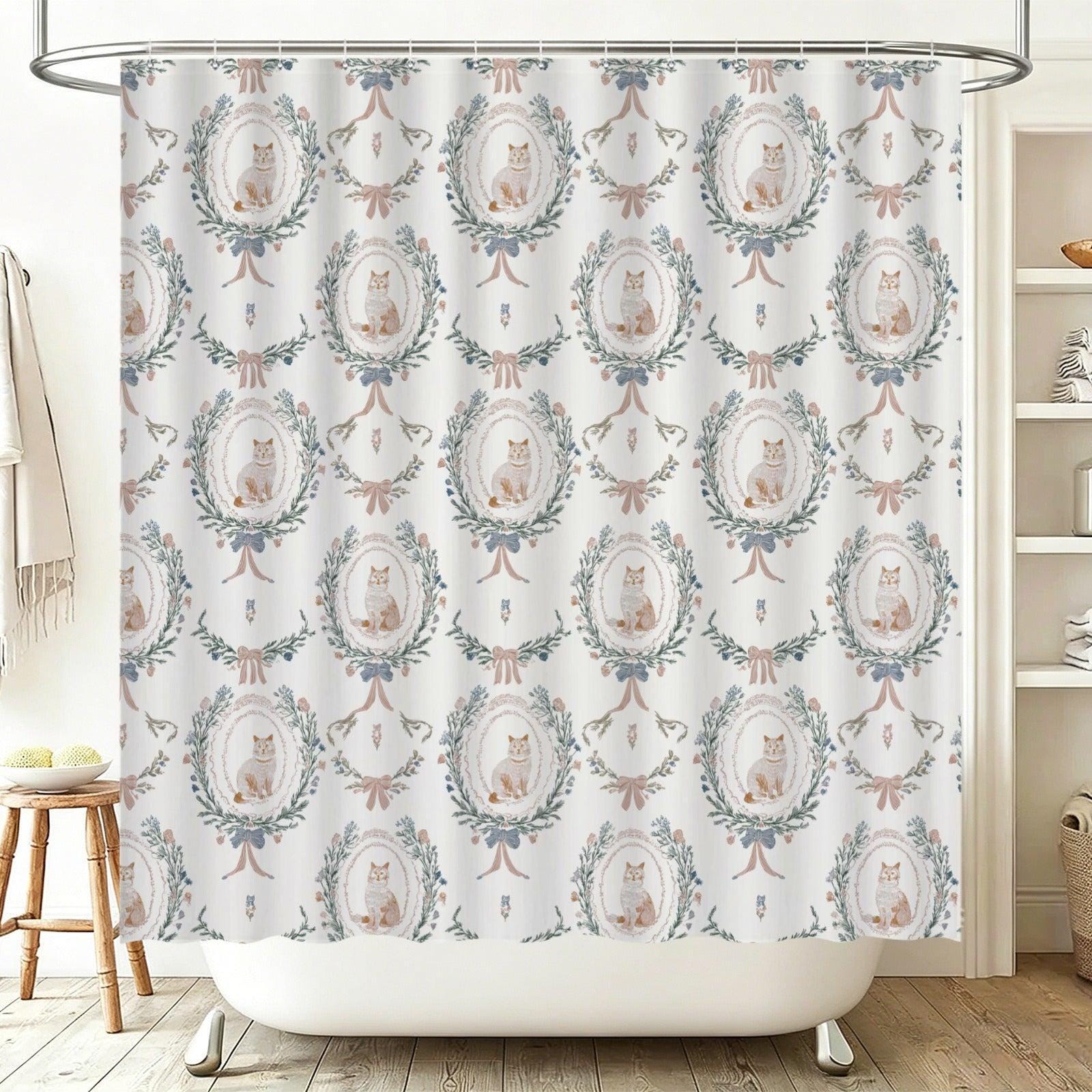 Cat Lover Bathroom Rug Set, Vintage Toile Floral Toilet Mat, Cottage Kitten Decor
