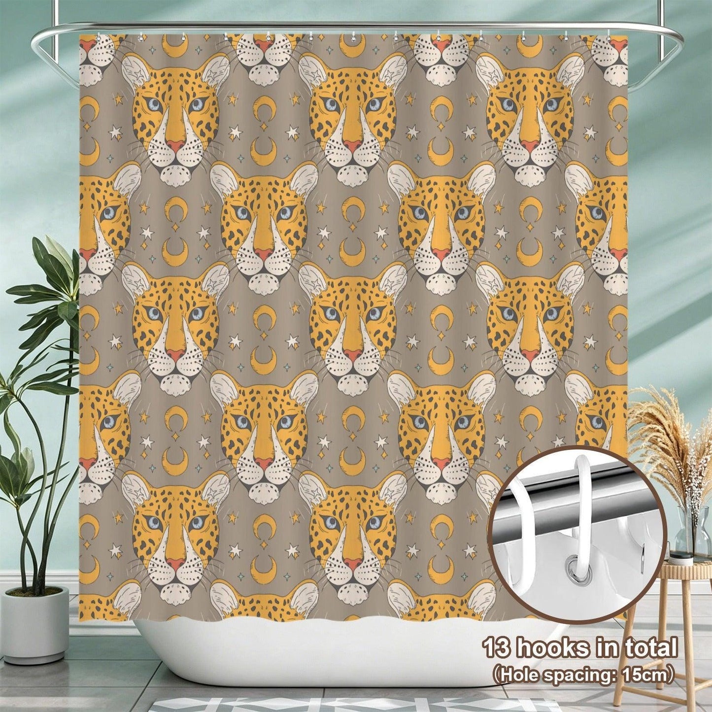 Celestial Leopard Bath Mat Set, Boho Safari Moon Rugs, Wild Cat Toilet Contour Mat