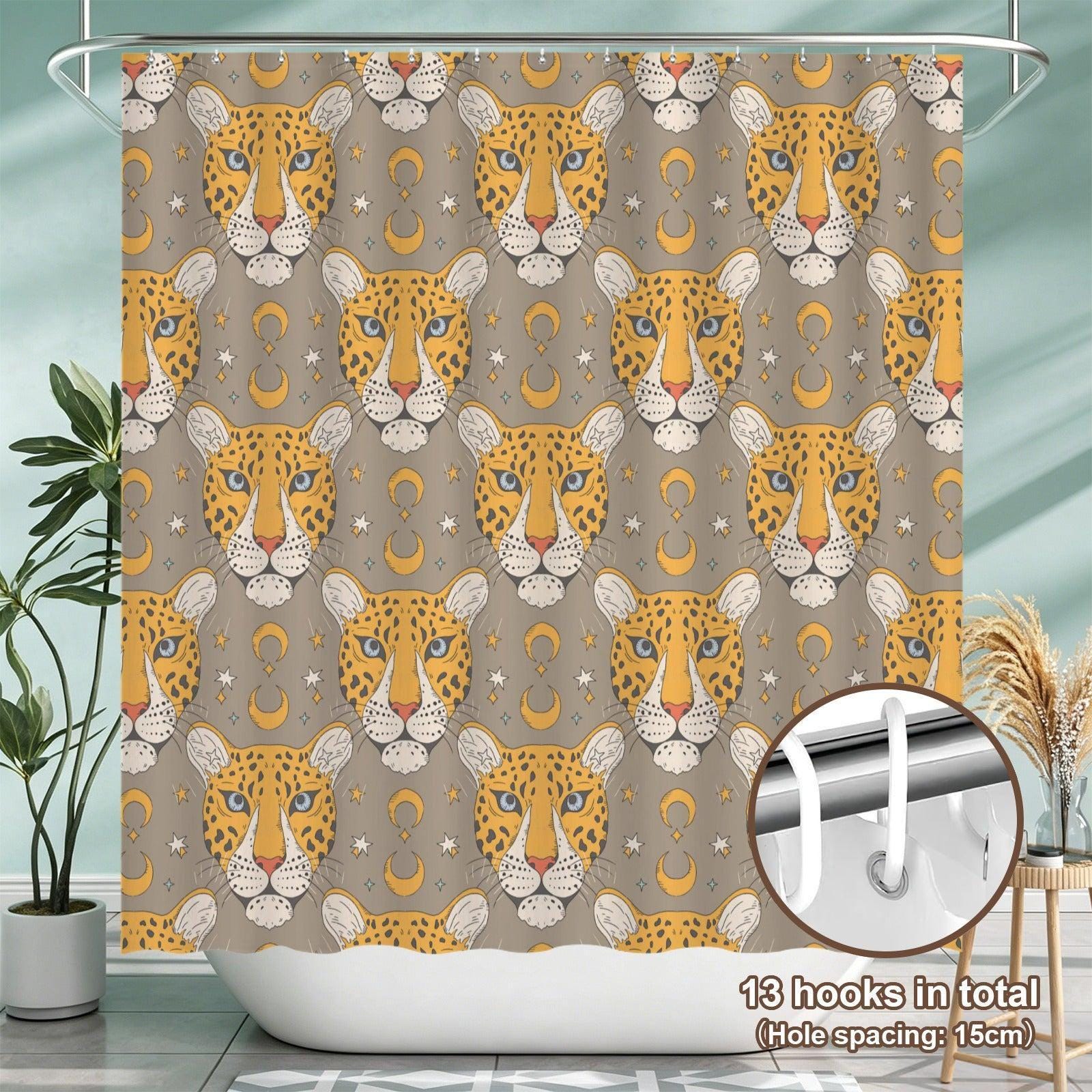 Celestial Leopard Bath Mat Set, Boho Safari Moon Rugs, Wild Cat Toilet Contour Mat