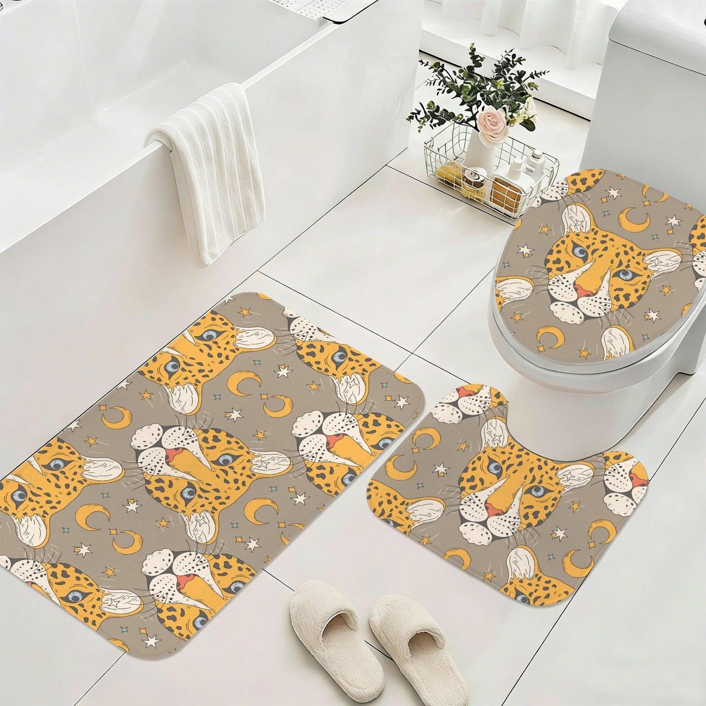 Leopard Moon Shower Curtain: Neutral Safari Celestial Bathroom Decor