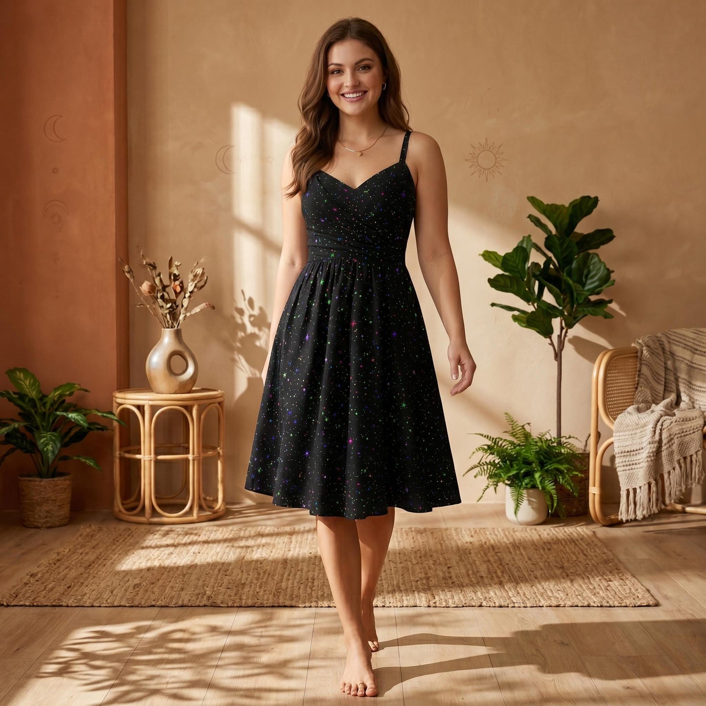 Galaxy Print Fit and Flare Midi Dress, Colorful Starry Night Sundress