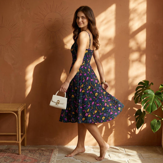 Dark Floral Cami Dress, Cottagecore Wildflower Fit and Flare, Summer Vacation Party Kleid