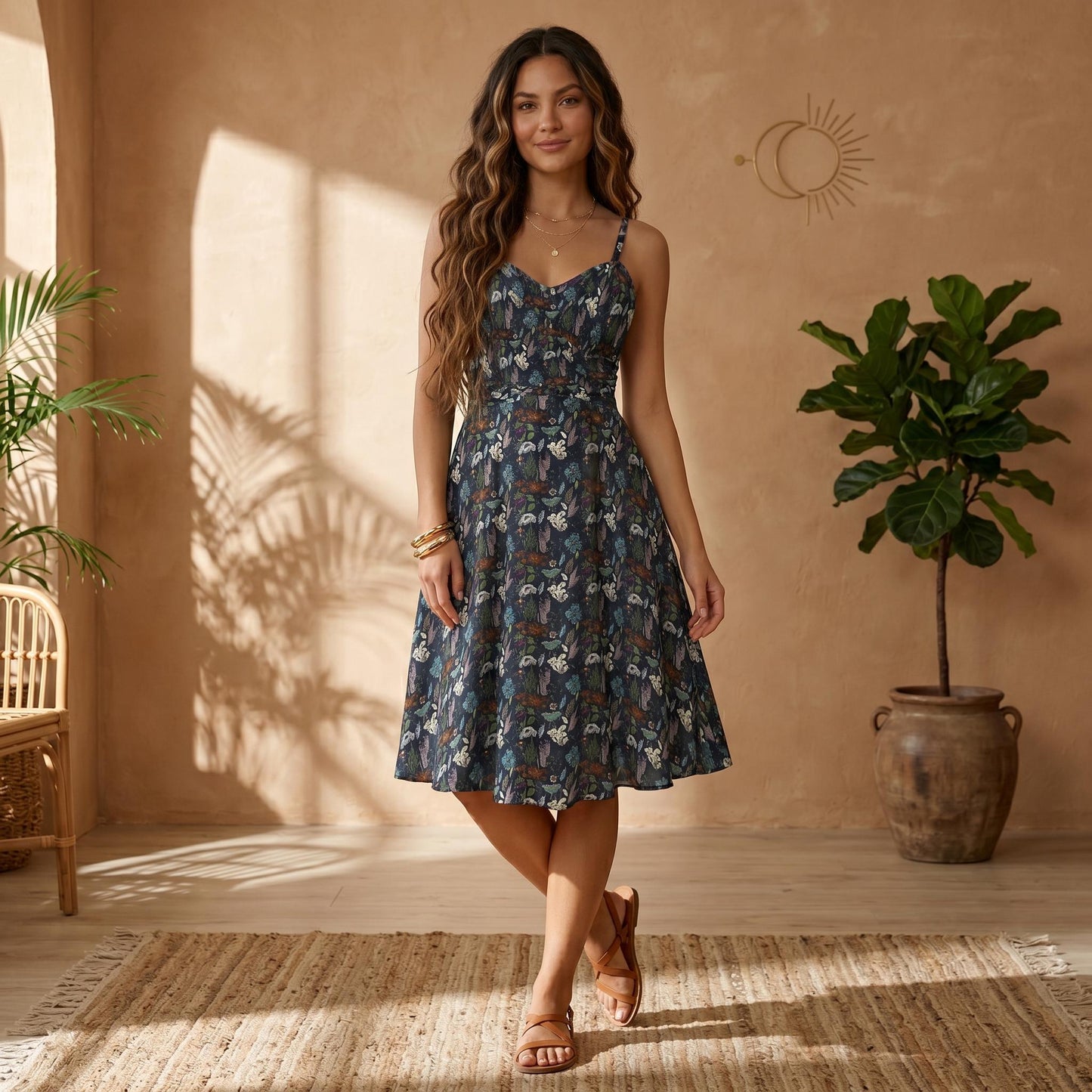 Woodland Mushroom Botanical Midi Dress, Dark Nature Fit and Flare Cottagecore Outfit