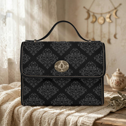 Black Damask Satchel Handbag, Baroque Top Handle Purse, Dark Academia Evening Bag
