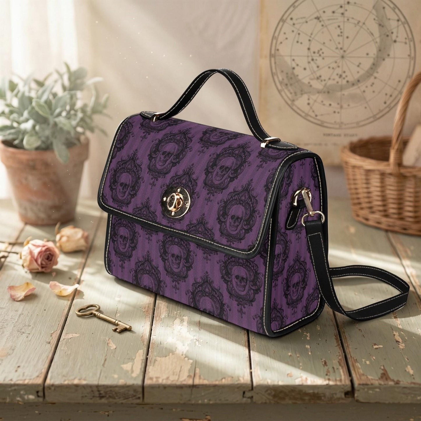 Gothic Skull Handbag, Purple Victorian Damask Satchel, Dark Academia Top Handle Bag