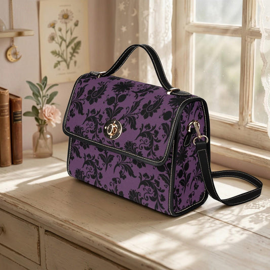 Purple Damask Top Handle Handbag, Victorian Baroque Floral Evening Purse