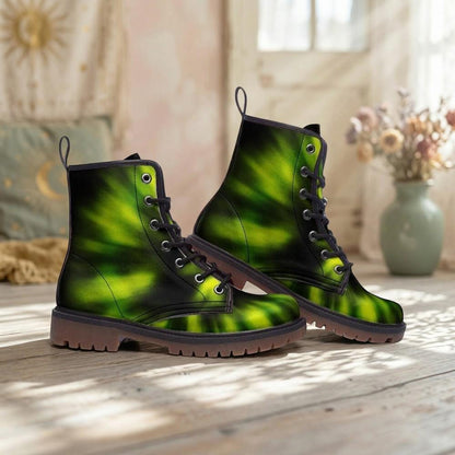 Green Tie-Dye Combat Boots, Vegan Leather Footwear, Grunge Festival Shoes, Edgy 90s Style Boots