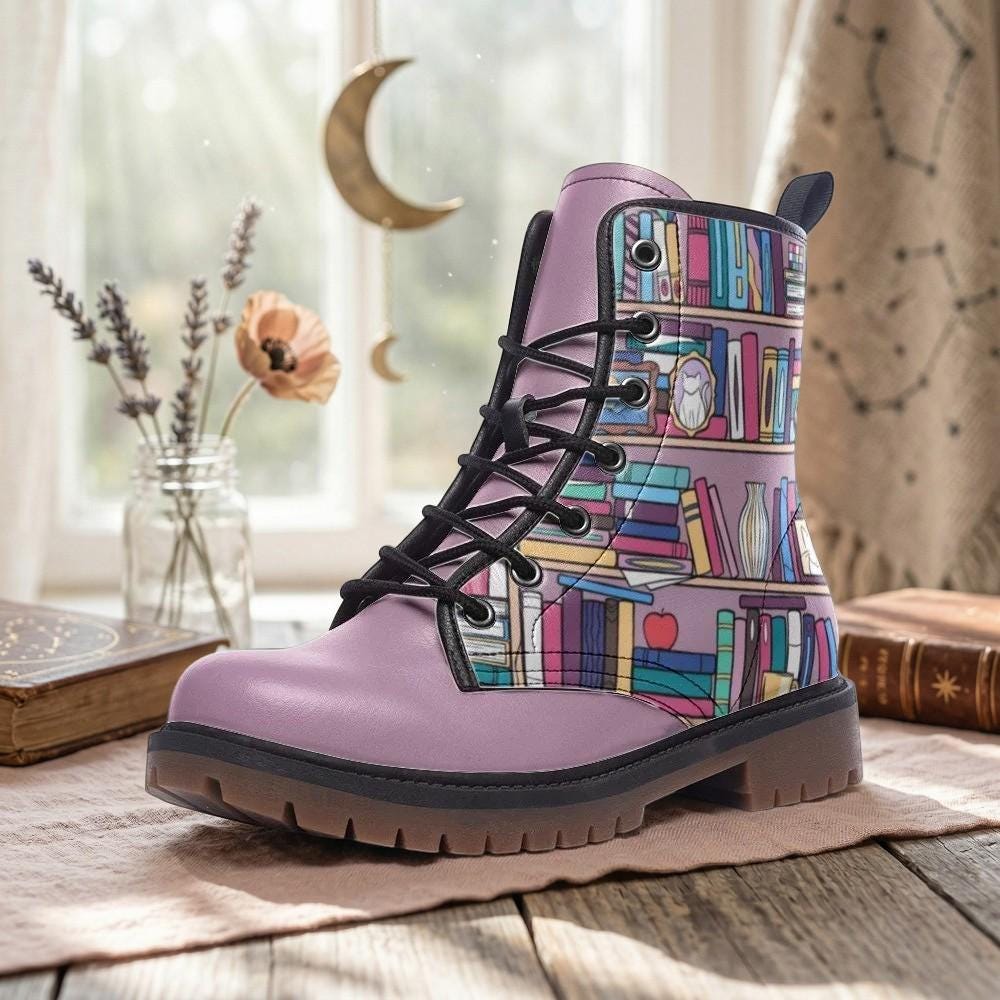 Whimsical Book Pattern Combat Boots