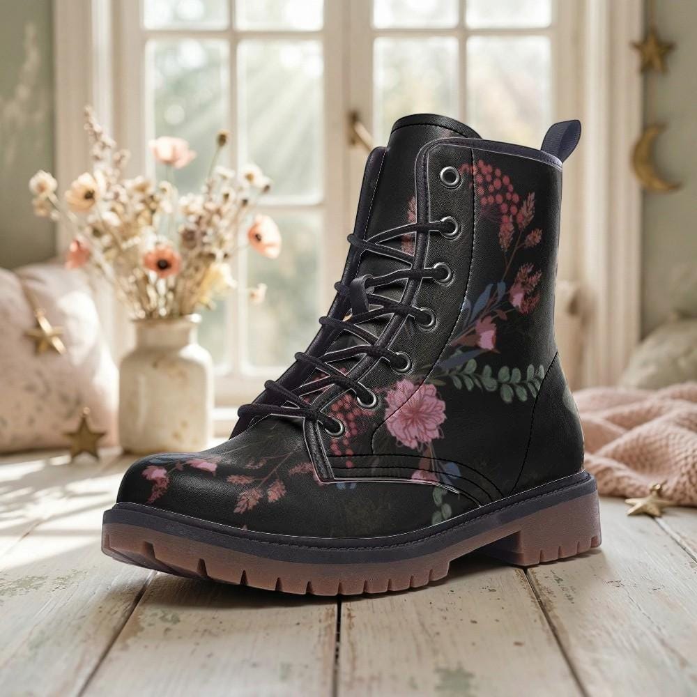 Dark Floral Combat Boots, Gothic Lace-Up Punk Ankle Footwear