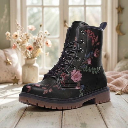 Dark Floral Combat Boots, Gothic Lace-Up Punk Ankle Footwear