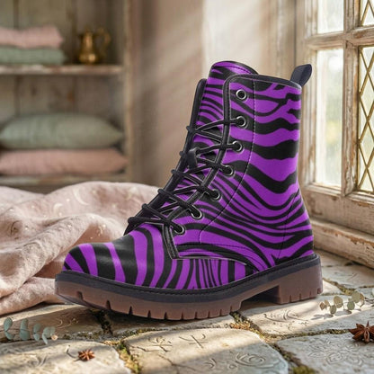 Purple Zebra Combat Boots, Bold Lace Up Platform Boots with Graphic Animal Print