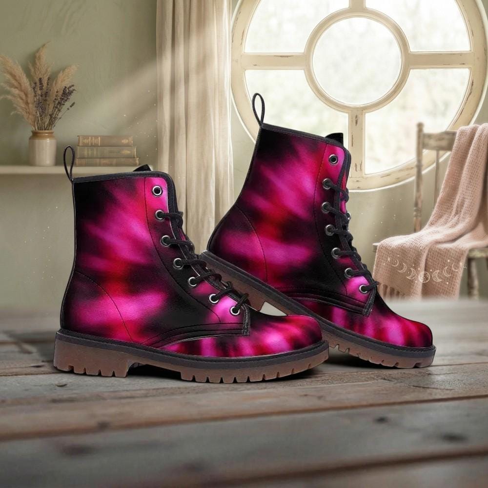 Pink Combat Boots, Fuchsia Ombre Ankle Boots, Punk Style Statement Shoes