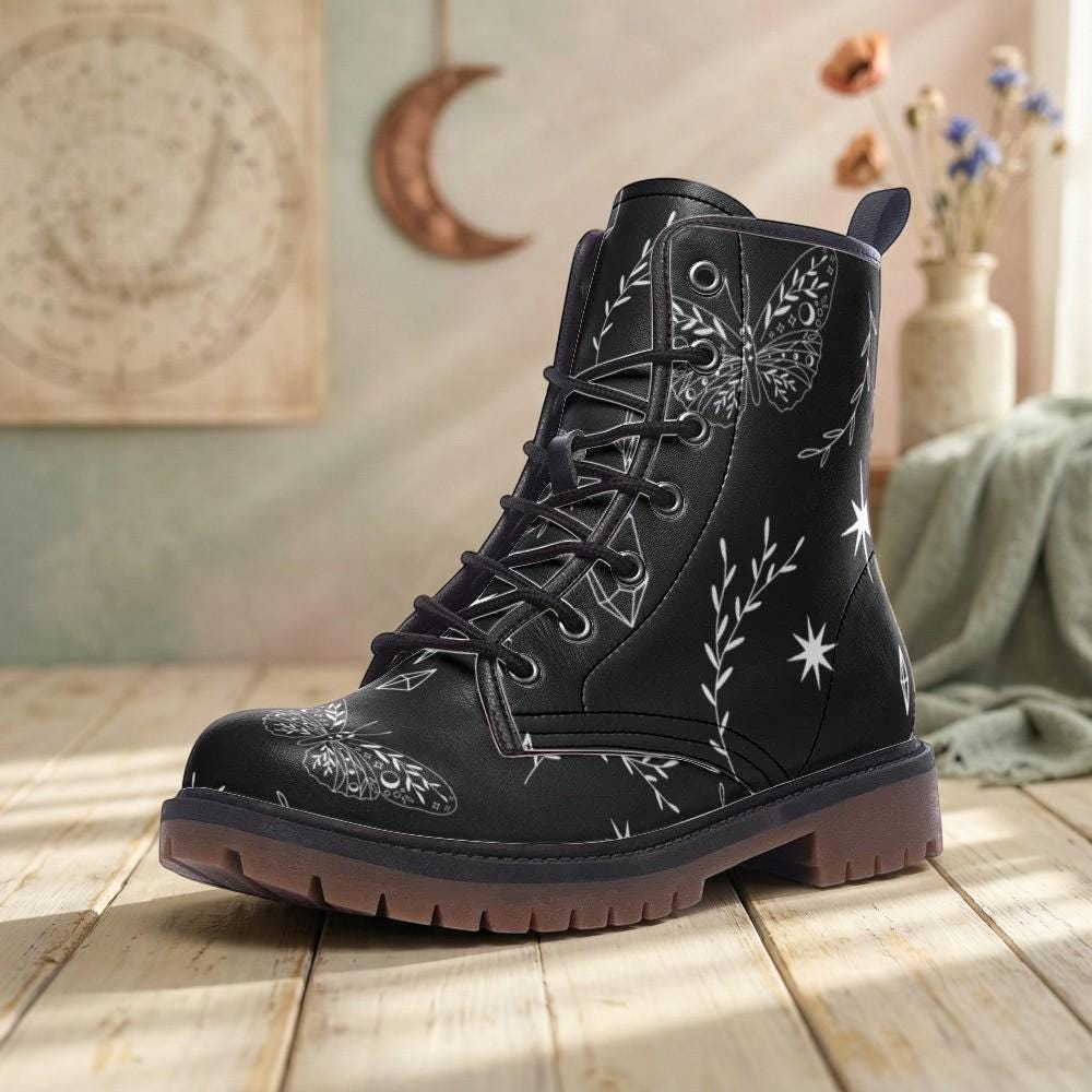 Black Vegan Leather Combat Boots, Insect Moth Print Lace Up Ankle Shoes