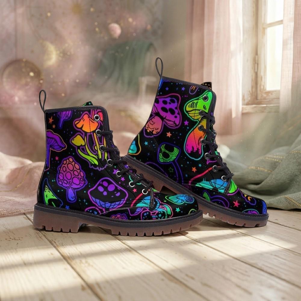 Goblincore Mushroom Combat Boots Vegan Witchcore Festival Faecore Butterfly Print Woodland Footwear