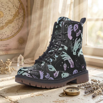Witchy Combat Boots Celestial Moon Crystal Print Pastel Goth Lace Up Shoes
