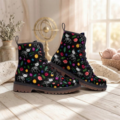 Spooky Cat Combat Boots, Floral Goth Lace Up Shoes, Halloween Alt Footwear