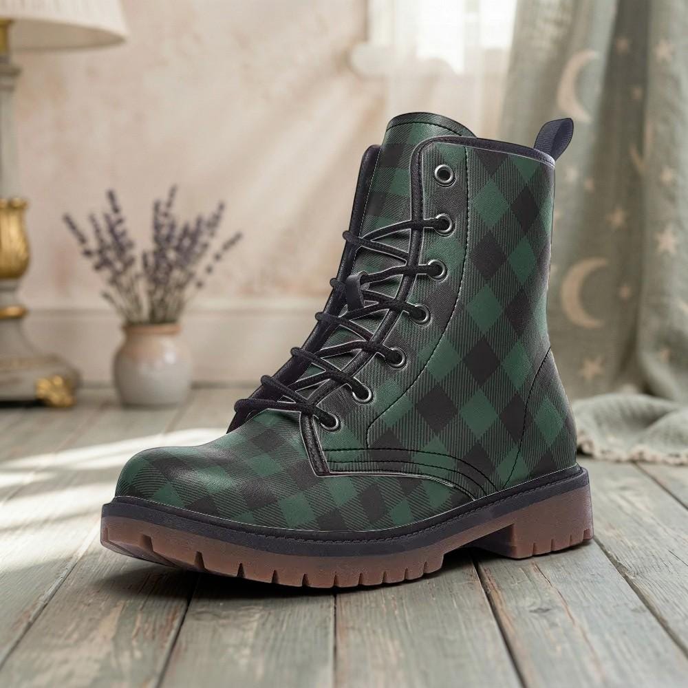 Dark Green Plaid Combat Boots, Vegan Leather Gingham Platform Shoes, Fall Gothic Style